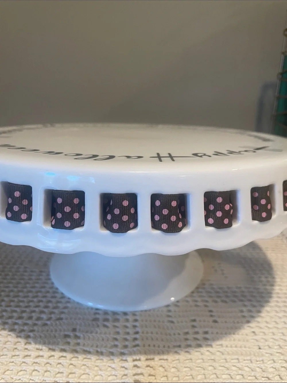 White 'Happy Halloween' Ceramic Cake Stand with  Polka Dot Trim